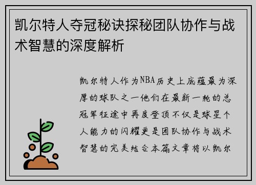 凯尔特人夺冠秘诀探秘团队协作与战术智慧的深度解析
